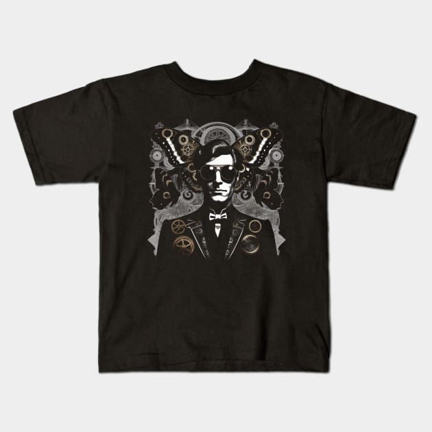 A man in a black suit with steampunk sunglasses and a big moth behind his head Kids T-Shirt by bmron